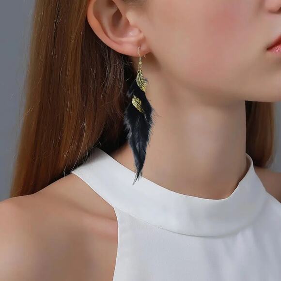 Bohemian Black Feather Drop Earrings with Twisted Gold Leaf Vintage Statement - Picture 4 of 4